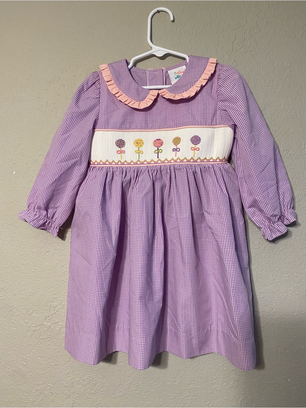 Lilac Gingham Smocked Dress with Pink Ruffle Collar - Kids
